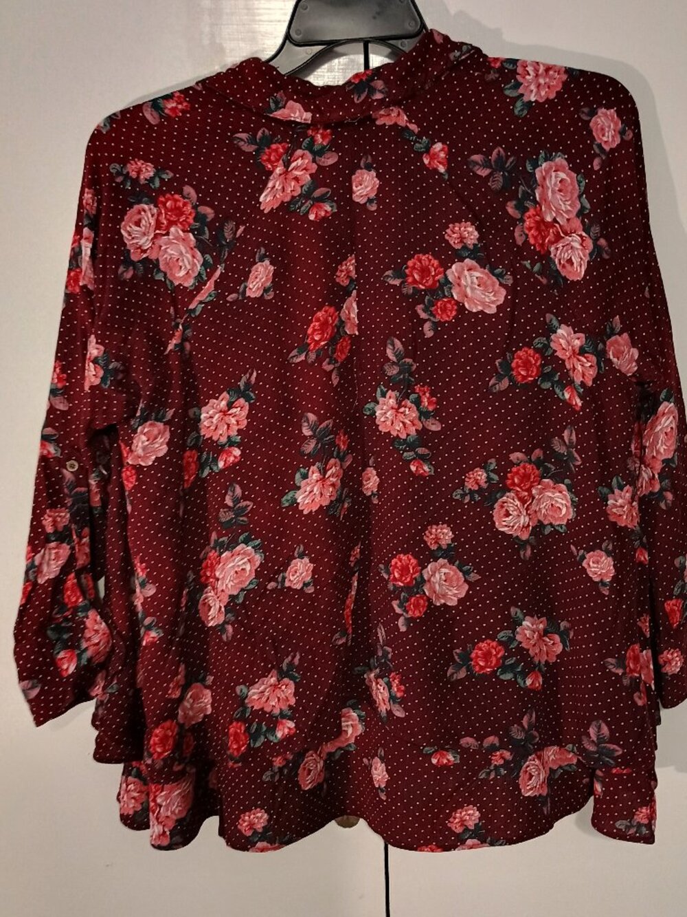 Umgee Burgundy Floral Polka Dot 3/4 Sleeve Ruffle Hem Blouse XL - Picture 3 of 8